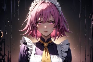 Beautiful girl. detailed image, detailed skin, upper body, standing, looking at the viewer, glowing eyeswater drop, ((masterpiece: 1.2)), light particles, ink droplets in background.,1girl,dark purple maid dress,white apron,white maid headband,yellow double necktie,long sleeve,dark pink hair,sidelock,short hair,dark pink eyes, 25 years old, serious face, mature female