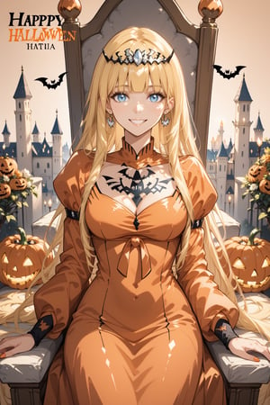 magazine, magazine cover, score_9, score_8_up, masterpiece, best quality, highres, BREAK, solo, smile, female focus, earrings,
(masterpiece), (best quality), 8k illustration, solo, in hall, palace, throne,  (Halloween party:1.4), (Halloween decoration:1.4), blonde hair,Calca,Calca Bessarez,1girl,(extremely long hair:1.3), black tiara, orange dress, light blue eyes,medium chest,blunt bangs
, (orange witch dress:1.4)