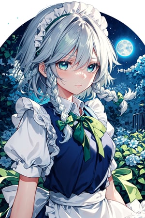 1 girl, dark blue moon in the sky, night, light blue flowers, ((illuminated)) , floats falling, upper body, garden, intense shadows, ash,,((ink wash paint)),((ink splatter)),((color splatter)), ,izayoi_sakuya_touhou, : ,,solo ,Sakuya, , Sakuya Izayoi, blue maid outfit, white apron, white maid headband, silver hair, (two braided hair:1.6), short hair, blue eyes, blue eyes, (two green ribbons on her braided hair:1.5), green bowtie,braid