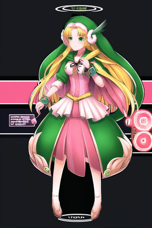 (masterpiece), fantasy, magical holographic interface,  medium chest, Divine Chant, 4th Seat of the Black Scripture, blonde hair, green eye, (pink dress:1.2), green hood, very long hair, 1girl, solo, angelwing-shaped earmuffs