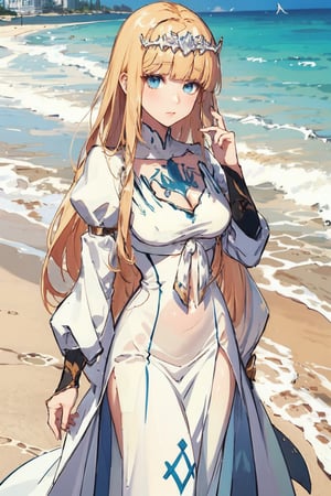 , 1girl, solo, Calca, , calca, blonde hair, long hair, medium chest, extremely long hair, very long hair, extra long hair, white tiara, white dress, blue eyes,Calca Bessarez,medium breast,, ,, beach, pastel colour, 