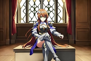 1girl,,solo, being alone, sitting, crossed legs, sitting on the floor, medieval age bedroom, castle background at the window,Lightbringer,Neo Elma,orange hair,very long hair,green eyes,(hair ornament:1.3),silver armor,female knight,gauntlet, three lozenge shape ornament