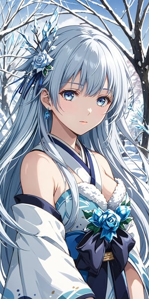 looking at the viewer, upper body, female focus, outdoors, day,  winter, ice tree, blizzard, ice magic, ice rose, luminous ice,,  1girl, solo, ,Yuki Onna, 1girl, Japanese kimono, bare shoulder, light blue hair, extremely long hair, blue eyes, hair ornament, blue ribbon, blue earring, medium breast