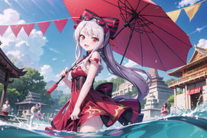 (((picture perfect))), (absurdres), 1girl, solo, , shalltear bloodfallen,, hair bow, fang out, looking at viewer, smile, small breast, colorful outfit, 

Songkran Festival, Songkran day, red water splash, red water festival, water gun, sand castle, water bucket, golden pagoda, golden temple, festival flags, effect of flowing water, colorful style, Thailand decoration, colorful swimming glasses, using a transparent umbrella to protect water, the effect of red water, colorful dress, drinking red cocktail, a lot of festival flags, water, small chests