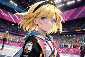 detailed illustration, dynamic angle, ultra-detailed, illustration, 1girl,, white and pink jacket, medium, Olympic Awards Ceremony, olympic competition,, bright eyes,archie, overlord, Arche, light blue eyes, yellow hair, (black headband:1.3), short hair