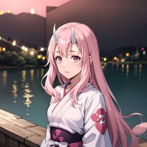photorealistic, (4k), depth of field, (Masterpiece), (realistic skin texture), extremely detailed, intricate, hyper detailed, professional photography, bokeh, high resolution, sharp detail, best quality, girl,  , red and white kimono, long hair, pink hair, pink eyes, horns, twisted torso ,  outdoors, (lake background:1.3),pixel-shuna,shuna (tensura),ShunaTensura,aashuna