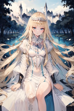 a mysterious girl,fascinator,,emo,masterpiece, best quality, aesthetic,Calca, 1girl, solo, Calca Bessarez, blonde hair, (extremely long hair:1.3), very long hair, white tiara, white dress, blue eyes,