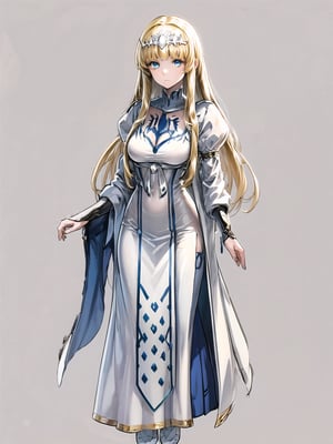 //Quality,
masterpiece, best quality
,//Character,
1girl, solo
,//Fashion,
,//Others,
Calca, blonde hair, long hair, white tiara, white dress, blue eyes, character sheet, mono color background