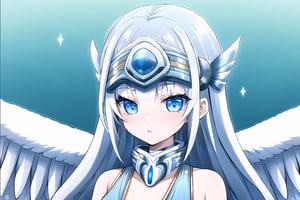 intense and bright colors, light blue eyes, butterfly details,anime,Noint, 1girl, solo, extremely long hair, silver hair, straight hair, light blue eyes, large white wing, feather Wings, hair ornament, silver hair band, off-shoulder, serious face, hand armors, silver neck armor,