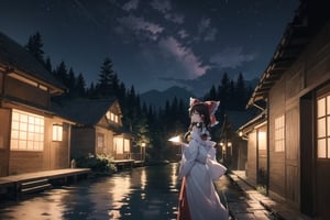 (Best Quality, 8K, ultra-detailed, Masterpiece: 1.3), brown hair, hair bow,hair tubes, tabard,long dress,hakurei reimu, high colors, beautiful lake, beautiful forest, outdoor, night time, bright sky