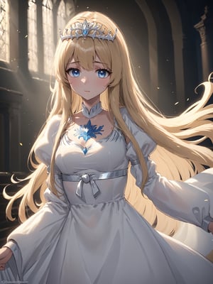 ultra realistic 8k cg, cinematic lighting, cinematic bloom, cool face, cool eyes, hd semirealistic anime cg concept art digital paintin,Calca,, ,blonde hair, , medium chest, extremely long hair, very long hair, extra long hair, white tiara, white dress, blue eyes,