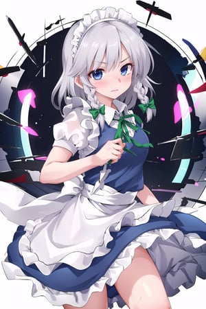 1girl ,solo, blush,, heart, blush_sticker, blue eyes, silver hair,detailed,high resolution,masterpiece, best quality, Maid_Dress, detailed_face, looking_at_viewer,  ,izayoi_sakuya_touhou, holding knives, a lot of flying knives, unfriendly girl, sexy pose, green ribbon, white maid headband, blue outfit, white apron
