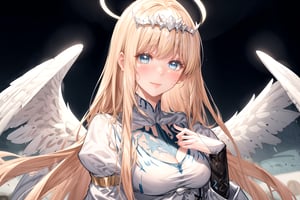 1girl, solo, long hair, looking at viewer, blush, smile, , halo, two angel wings, 1girl, solo, Calca, Calca Bessarez, blonde hair, extremely long hair, very long hair, white tiara, white dress, blue eyes, medium chest, very large white wings