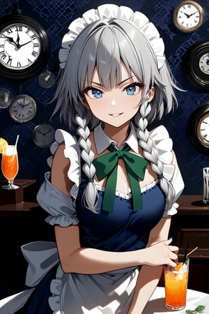 Masterpiece, looking at the viewer, smiling, upper body, open lips, nail polish, gothic pattern background, cup, clock, straw, drink, glass, ice,ink paint,Sakuya,Sakuya Izayoi,blue maid outfit,white apron,white maid headband,silver short hair,two braided hair,blue eyes,green ribbons on her braid,big green bowtie, 1girl, solo, 25 years old, serious face