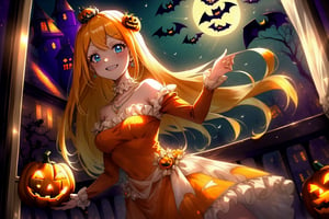 dancing, light smile, orange witch, (Woman dressed in a orange spooky Halloween costume:1.3), holding a small dark blue box, pumpkins decoration, score_9, score_8_up, score_7_up, source_anime, rennertheierechardelonrylevaiself, renner theiere chardelon ryle vaiself, long hair, blue eyes, blonde hair, hair ornament, very long hair, flower, hair flower, light smile, too much blushing, orange long sleeves, Halloween dress, jewelry, white puffy sleeves, necklace, orange dress, crown, princess, frills, indoors, night, night sky, moonlight, moon, Halloween curtains, window, looking at viewer, cowboy shot, dutch angle,  (Halloween party:1.4), (Halloween decoration:1.4), pumpkin, bat, death tree, grave yard, outdoor, Horror atmosphere,