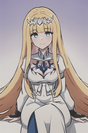   looking at viewer,  blush,  smile,  bangs, sitting,  blunt bangs,  gradient  gradient background,  :3,  1girl, solo, Calca, Calca Bessarez, blonde hair, (extremely long hair:1.5), very long hair, (white tiara:1.3), white dress, blue eyes, medium chest