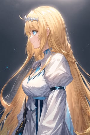 1girl, smile,, upper body, long blonde hair, female focus, , , virtual youtuber, from side,, profile,, solo, calca, blonde hair, , extremely long hair, very long hair, extra long hair, white tiara, white dress, blue eyes,Calca Bessarez, medium breast