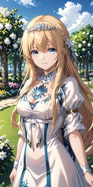 looking at the viewer, ,, upper body, female focus, outdoors, day,  tree, ,hold crepe, , grass, magical  flower park, luminous plant,,  1girl, solo, Calca, calca, blonde hair, long hair, medium chest, extremely long hair, very long hair, extra long hair, white tiara, white dress, blue eyes,Calca Bessarez ,medium breast