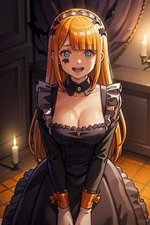  ((hounted house:1.4)), Tuareninya Veyron, (in Halloween kitchen:1.4) (masterpiece), (best quality), Halloween kitchen equipment, 8k illustration, 1girl, solo,  blue eyes, long hair, blonde hair, ((orange maid dress)), Halloween outfit,  indoors, , (Halloween party:1.4), (Halloween decoration:1.4), 