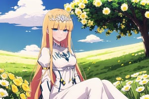 1girl, solo, looking at the viewer, smile, sitting, very long hair,  , flower, outdoors, sky, day, cloud, tree, blue sky, nature, yellow flower, Calca, Calca Bessarez, blonde hair, (extremely long hair:1.3), very long hair, white tiara, white dress, blue eyes, medium chest,1 girl, portrait, pop art style