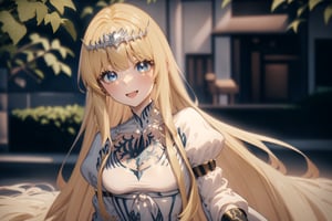 newest, anime coloring, masterpiece, best quality, best aestethic, absurdres, light smile, :D, looking at viewer, sitting,  , 1girl, solo, Calca, Calca Bessarez, blonde hair, (extremely long hair:1.3), very long hair, white tiara, white dress, blue eyes, medium chest, extremely long hair, medium breast