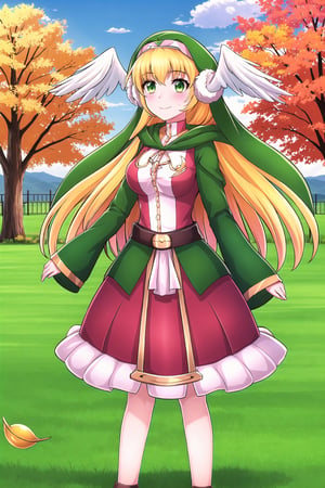 1girl, solo, , looking at viewer, blush, smile, ,, outdoors, sky, day, cloud, tree, blue sky, grass, fence, autumn leaves, field, autumn, Divine Chant, 4th Seat of the Black Scripture, blonde hair, green eye, pink dress, green hood, very long hair, 1girl, angelwing-shaped earmuffs