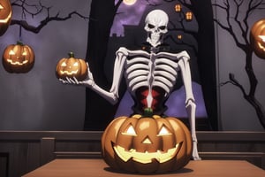 , intricate design, Halloween costume, (haunted house, Halloween decorate  , death tree), High quality, , (Beautiful), ((masterpiece)), vibrant colors, skeleton, solo, 1boy, male focus, bone, ribs, full body, orange orb, raising your hand with a pumpkin, tall body,  (Halloween party:1.4), (Halloween decoration:1.4), pumpkin, bat, death tree, grave yard, outdoor, Horror atmosphere, Halloween poster