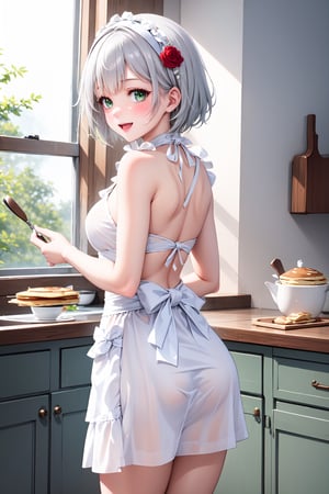 Masterpiece, beautiful details, perfect focus, 8K wallpaper, high resolution, exquisite texture in every detail, 1 girl, looking at camera, blushing, smiling, , , open mouth, holding, :d, food, solo focus, looking back, indoors, From behind, , apron, window, , , kitchen, pancakes, pancake stack, syrup,INK,Detailed,masterpiece,noelle gi, white headband, green eyes, silver hair, short hair, red rose as a hair ornament, 