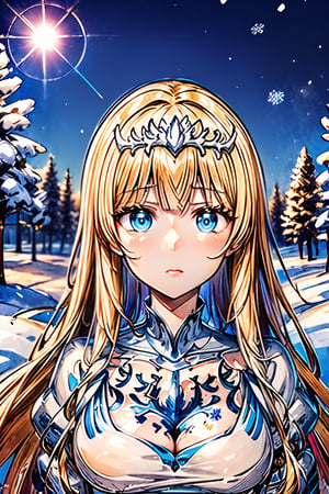 ((((ink))),((watercolor)),world masterpiece theater, ((best quality)),depth of field,((illustration)),anime ,,beautiful detailed sky,looking_at_viewers,,very_close_to_viewers,,,focus_on_face,,upper_body,,lens_flare,light_leaks,,detailed_beautiful_Snow Forest_with_Trees, ((Snowflakes)),floating sand flow,navel,(beautiful detailed eyes), (8k_wallpaper),  1girl, solo, calca, blonde hair, medium chest, (extremely long hair:1.3), very long hair, extra long hair, white tiara, white dress, blue eyes,Calca Bessarez,medium breast,Calca