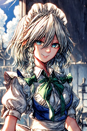 masterpiece, best quality, , looking at the viewer, gentle smile, clouds, village, blue sky, outdoors, looking at the viewer,,  1girl, solo, izayoi_sakuya_touhou, Sakuya, Sakuya Izayoi, blue maid outfit, white apron, white maid headband, silver hair, two braided hair, short hair, blue eyes, blue eyes, two green ribbons on her braided hair, green bowtie, braid,, twin_braids, maid_headdress, short_hair, close up, upper body