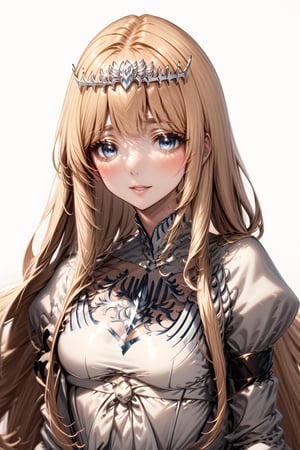 looking at the viewer, blush, upper body, parted lips,  ,1girl, solo, Calca, Calca Bessarez, blonde hair, (extremely long hair:1.3), very long hair, white tiara, white dress, blue eyes, medium chest