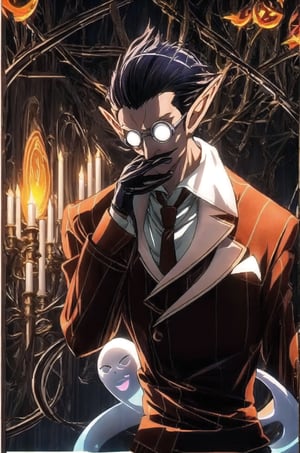 ((masterpiece))),best quality, illustration, 
Demiurge, orange suit, orange trouser, Orange Necktie, Silver Round Glasses, short hair, pointy ears, black hair, Diamond Eyes, long metal tail,  black gloves, demiurge, (Halloween decoration:1.4), (Halloween poster:1.3), graveyard, outdoor, 
upper body, spooky atmosphere, ghost around, skeleton around,