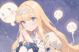 (cute illustration:1.4),(fuwafuwa illustration:1.3),masterpiece, 1girl, blonde hair,,white tiara,（Holding glowing stars in both hands：1.6）,better_hands, calca, (extremely long hair:1.3), white dress, blue_eyes, long_sleeves