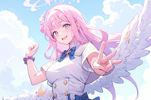 Misono Mika, lower wings, reaching out from below, white dress, pink_hair, smiling, looking down, heaven, clouds, blue sky, five finger hand, 