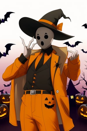 (((picture perfect))),  (absurdres),  solo,  shirt,  1boy,  3_fingers,  hat,  male focus > black necktie,  Halloween belt,  orange uniform, orange coat, orange military, ,  orange military uniform,  black necktie,  Halloween hat,  orange cloak,  black hat military,  military uniform Orange,  Pandora's Actor/(Overlord),,,Pandora's Actor,masterpiece,  (Halloween party:1.4), (Halloween decoration:1.4), pumpkin, bat, death tree, grave yard, outdoor, Horror atmosphere,