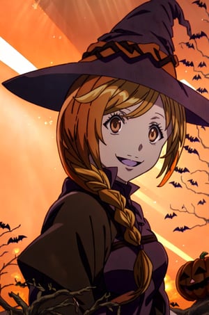 ((Halloween harvest)), ((surrounded by death tree, Enri Emmot, beutiful woman, 1girl, solo, smile, score_9, score_8_up, score_7_up, source_anime, best quality, masterpiece, enri emmot, overlord, brown eyes, blonde hair, facing viewer, beautiful lighting, side plait, plaited hair, smile, outdoors, field, orange sky, orange witch dress, very aesthetic, anime screencap, (Halloween party:1.4), (Halloween decoration:1.4),