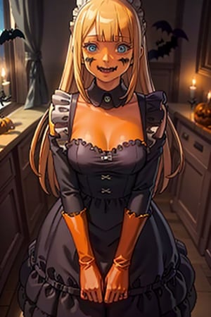  ((hounted house:1.4)), Tuareninya Veyron, (in Halloween kitchen:1.4) (masterpiece), (best quality), Halloween kitchen equipment, 8k illustration, 1girl, solo,  blue eyes, long hair, blonde hair, ((orange maid dress)), Halloween outfit,  indoors, , (Halloween party:1.4), (Halloween decoration:1.4), 