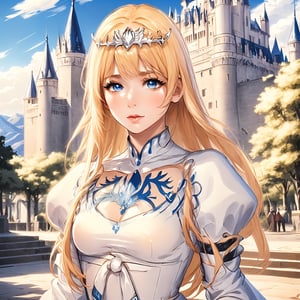 ((Hyper-realistic chest photo ((with anime style)) of a beautiful woman, ((with a brave facial expression)), western castle background)),((using RPG anime warrior makeup of lipstick, eyeliner, eyeshadow and blush)))), ((Perfectly detailed and perfect symmetrical body and head)), ((Perfectly symmetrical and perfectly detailed face)), ((perfectly formed and symmetrically correct hands and fingers)), ((8K High Definition photo)), ((colored but not saturated, perfect contrast between lights and shadows)).,1girl, solo, Calca, Calca Bessarez, blonde hair, (extremely long hair:1.3), very long hair, white tiara, white dress, blue eyes, medium chest