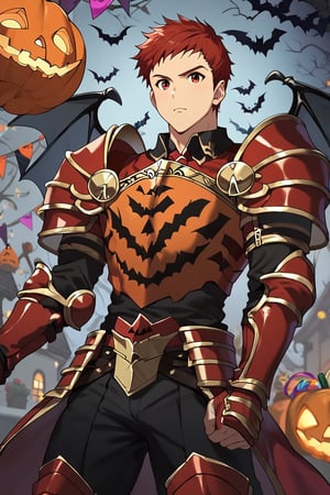 Climb, score_9, score_8_up, score_7_up,, masterpiece, best quality, best aesthetic, 1boy, ((solo)), male focus, red hair, red eyes, short-hair, red armor, red gauntlets, red pumpkins shoulder armor, Spooky breastplate, red armored bootsoutdoors,  (Halloween party:1.4), (Halloween decoration:1.4), black bat wings, serious face 