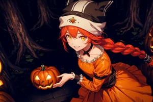 sitting, light smile, (Woman dressed in a spooky Halloween costume:1.3), (Halloween outfit:1.3) holding a carved pumpkin, surrounded by pumpkin, from above, skill decoration, skeleton decoration, Halloween accessories, 
lupusregina beta, evil grin, acrobatic pose, outdoors, dark forest, death trees, night time, BETA, masterpiece, best quality, high quality, highres, absurdres, 1girl, solo, orrange animal hat, anime coloring, maid, upper body, puffy short sleeves, (orange headwear:1.3), collarbone, parody, official style, choker, alternate costume, bridal gauntlets, (orange dress:1.3), shirt, ess,orange dress, frills, long sleeves, maid, orange maid headdress, puffy sleeves, looking at viewer, masterpiece, best quality, high resolution, orange theme, extremely long two braided hair, (dark red hair:1.2)
