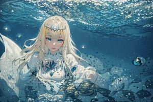 A close-up, a  young woman, knee-length hair, a fit body, es, wet clothes, water, sitting underwater meditating, hair carried by the water, air bubbles, power aura around the body, fishes, colordul fishes, swimming fish, best quality, masterpiece, ultra detailed, illustrated, dynamic angle, detailed lighting, ray tracing, realistic lighting effects, straight into view,diving_the_water_background, calca, blonde hair, very long hair, (extremely long hair:1.2), white dress, white tiara, blue eyes, medium chest