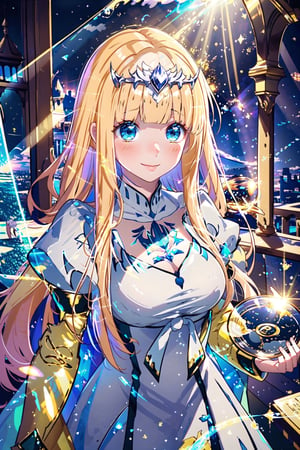 (best quality,  best quality: 1.3),  (sharp quality),  perfect beautiful woman: 1.5,1girl, smile,  fantasy, magic circle,  light particles,  light rays, interior,holographic interface,Beautiful scenery, fantasy world, calca, blonde hair, extremely long hair, very long hair, medium breast, white tiara, white dress, blue eyes