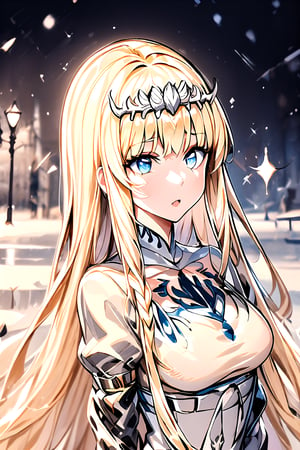 (1girl, Beautifully Aesthetic:1.2), , winter, Magical Sparkling Eyes, Magic Particles; Magic Swirls, in a oit of this world magical frozen landscape,1 girl, solo, Calca, Calca Bessarez, blonde hair, (extremely long hair:1.5), very long hair, white tiara, white dress, blue eyes, extremely long hair, ,medium breast,yello hair color