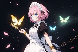 1girl, solo, (masterpiece) , ((best quality)), (( 8k wallpaper)), ((ultra high resolution)), 
Bloom in all its glory my love,red rose flower spirit, entangled petals, wearing maid dress,   ,side view, love with viewer ,backlight,firefliesfireflies, black maid dress, Puff Sleeve, white apron,, pink hair, short hair, blue eyes, blue eyes, white maid headband, thick iron bracelets with very long chain, holding chain as a weapon