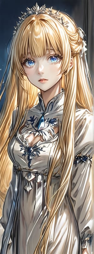 blonde hair,Calca,Calca Bessarez,1girl,(extremely long hair:1.3),white tiara,white dress,blue eyes,medium chest,blunt bangs