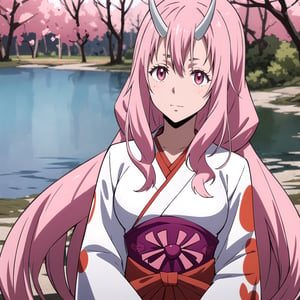 photorealistic, (4k), depth of field, (Masterpiece), (realistic skin texture), extremely detailed, intricate, hyper detailed, professional photography, bokeh, high resolution, sharp detail, best quality, girl,  , red and white kimono, long hair, pink hair, pink eyes, horns, twisted torso ,  outdoors, (lake background:1.3),pixel-shuna,shuna (tensura),ShunaTensura,aashuna,Shuna