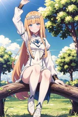 , looking at the viewer, blush, smile, ,sitting, closed mouth, full body,  ,  outdoors, sky, day, , cloud, , arm up, tree, blue sky,, from below, , convenient leg, in tree, sitting in tree, 1girl, solo, Calca, Calca Bessarez, blonde hair, extremely long hair, very long hair, white tiara, white dress, blue eyes, medium chest,