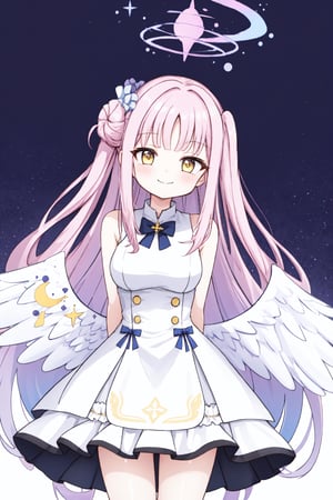 1girl, cute, closed mouth, smile, (arms behind back), standing,aamika, white dress, yellow eyes, pink hair, very long hair, halo, angel wings, lower wings, tighthigh