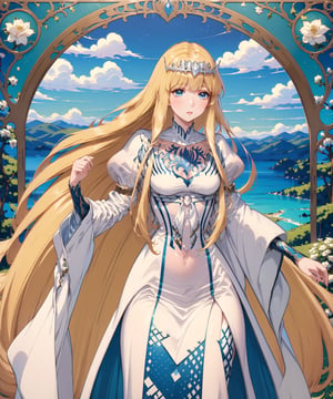 Masterpiece, 4K, ultra detailed, anime style, beautiful mature woman, beautiful  eyes, windy outdoor, more detail XL, SFW, (Art Nouveau style),  ,1girl, solo, Calca, Calca Bessarez, blonde hair, (extremely long hair:1.3), very long hair, white tiara, white dress, blue eyes, medium chest,