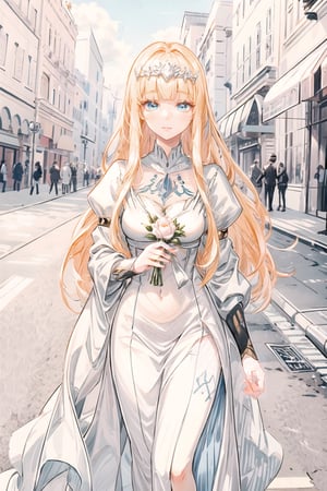 Masterpiece, beautiful details, perfect focus, uniform 8K wallpaper, high resolution,
 walking down the street in the morning sun, medical age castle background, clear, sparkling deep eyes,  holds a small bouquet in her hand,  1girl, perfect light, ,, solo, Calca, , calca, blonde hair, long hair, medium chest, extremely long hair, very long hair, extra long hair, white tiara, white dress, blue eyes,Calca Bessarez,medium breast,, ,